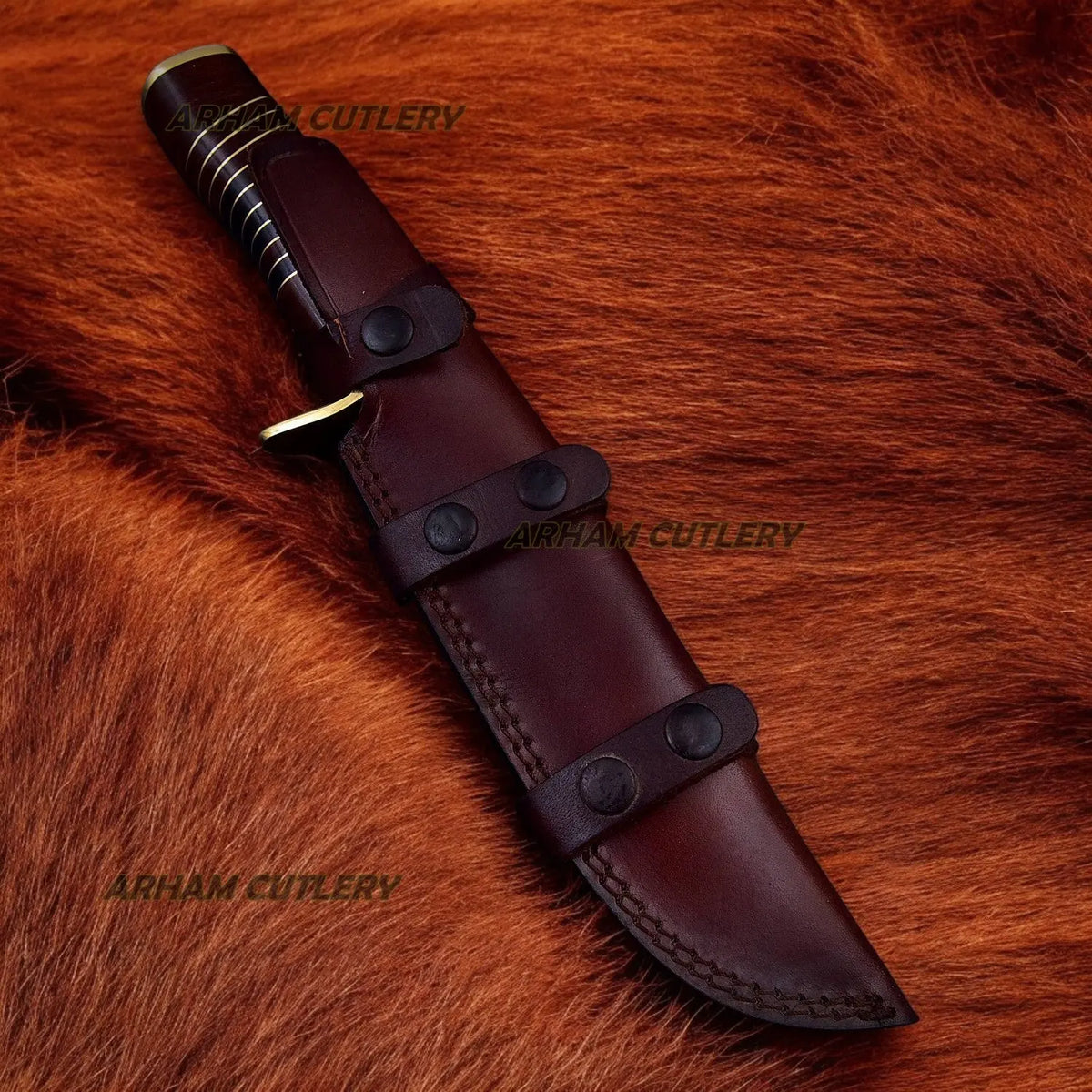 Custom Made Damascus Steel Hunting Knife With Leather Sheath