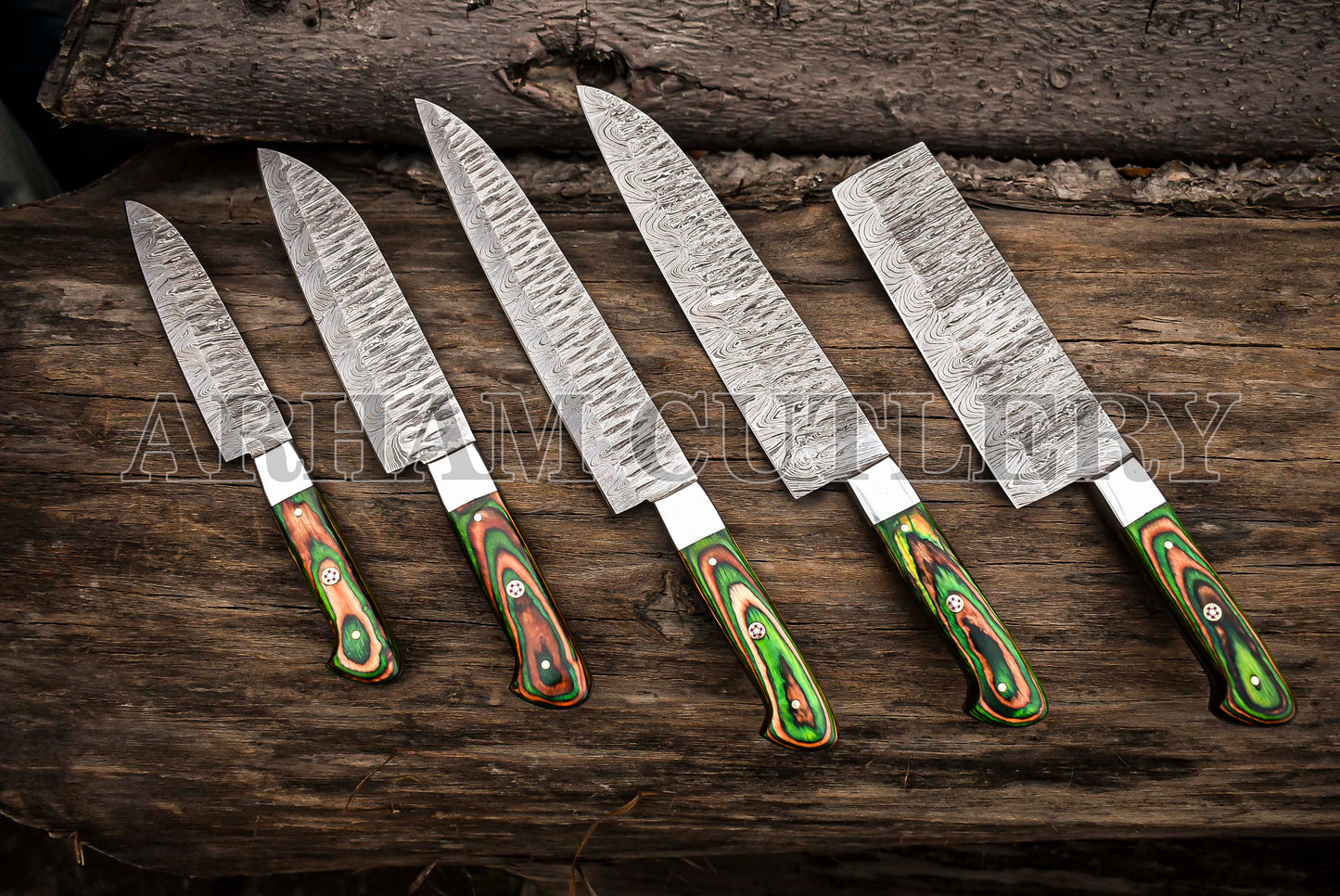 Custom Made Damascus Steel Kitchen Knife Set With Leather Roll Kit