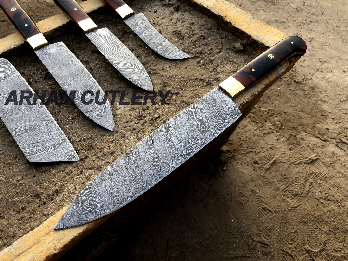 Handmade Damascus Steel Kitchen Knife Set of 5 With Leather Roll Kit , Best Outdoor Set , Arham Cutlery