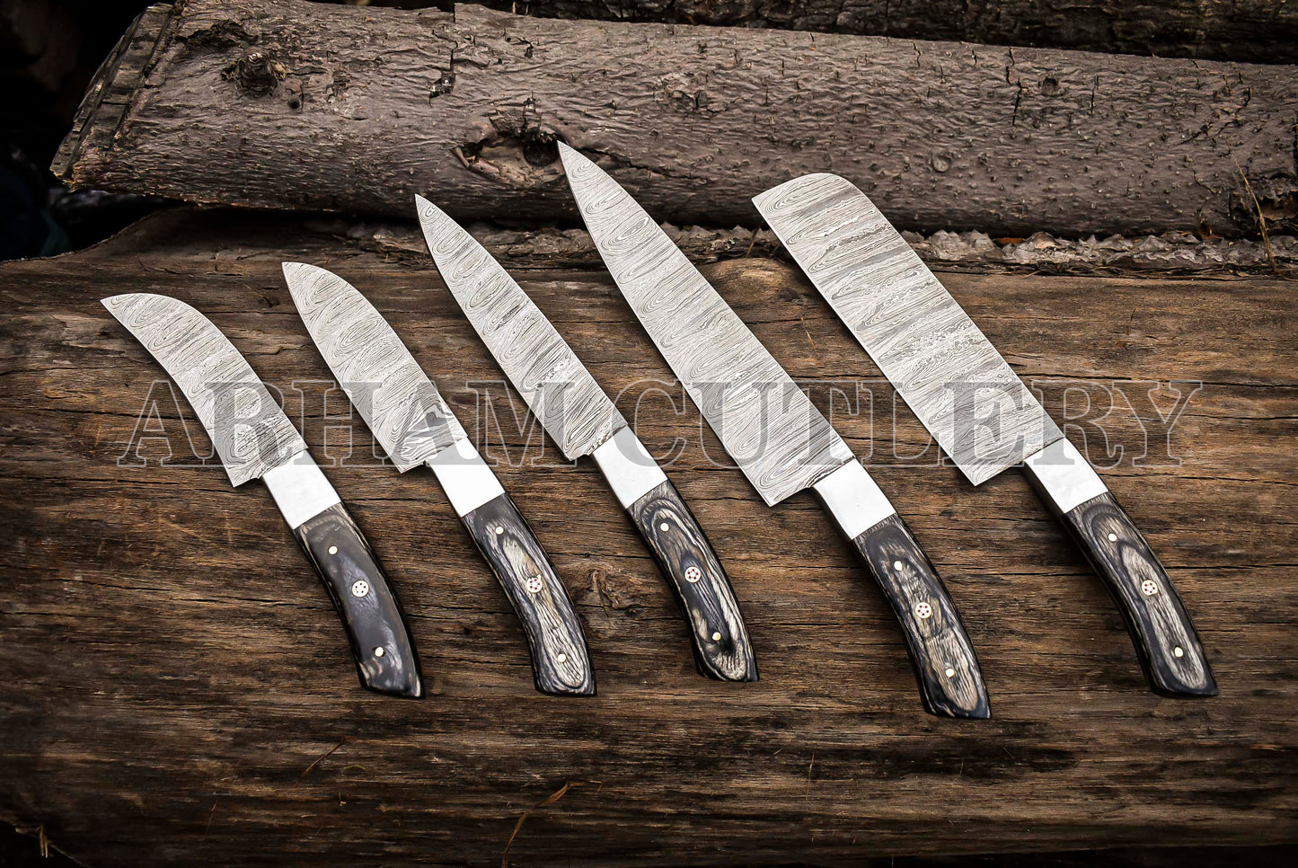Damascus Steel 5 PCS Hand Forged Chef Knife Set With Leather Roll Kit