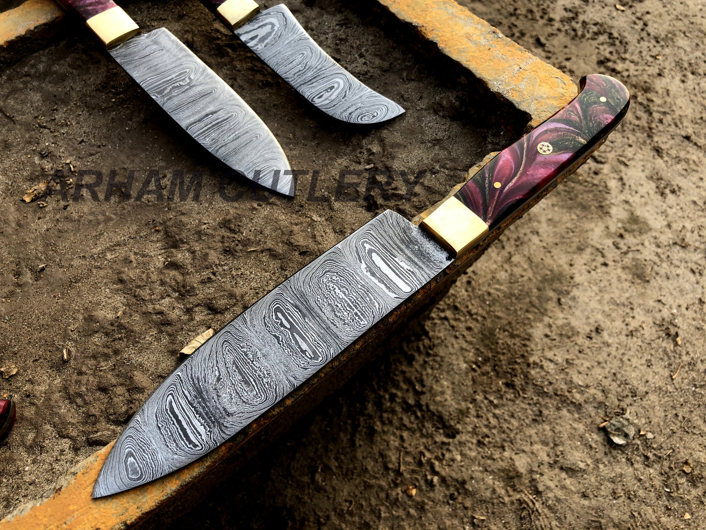 Damascus Steel Kitchen Knife Set , Resin Mold 5 PCS Hand Forged Chef Set With Leather Roll Kit , Arham Cutlery