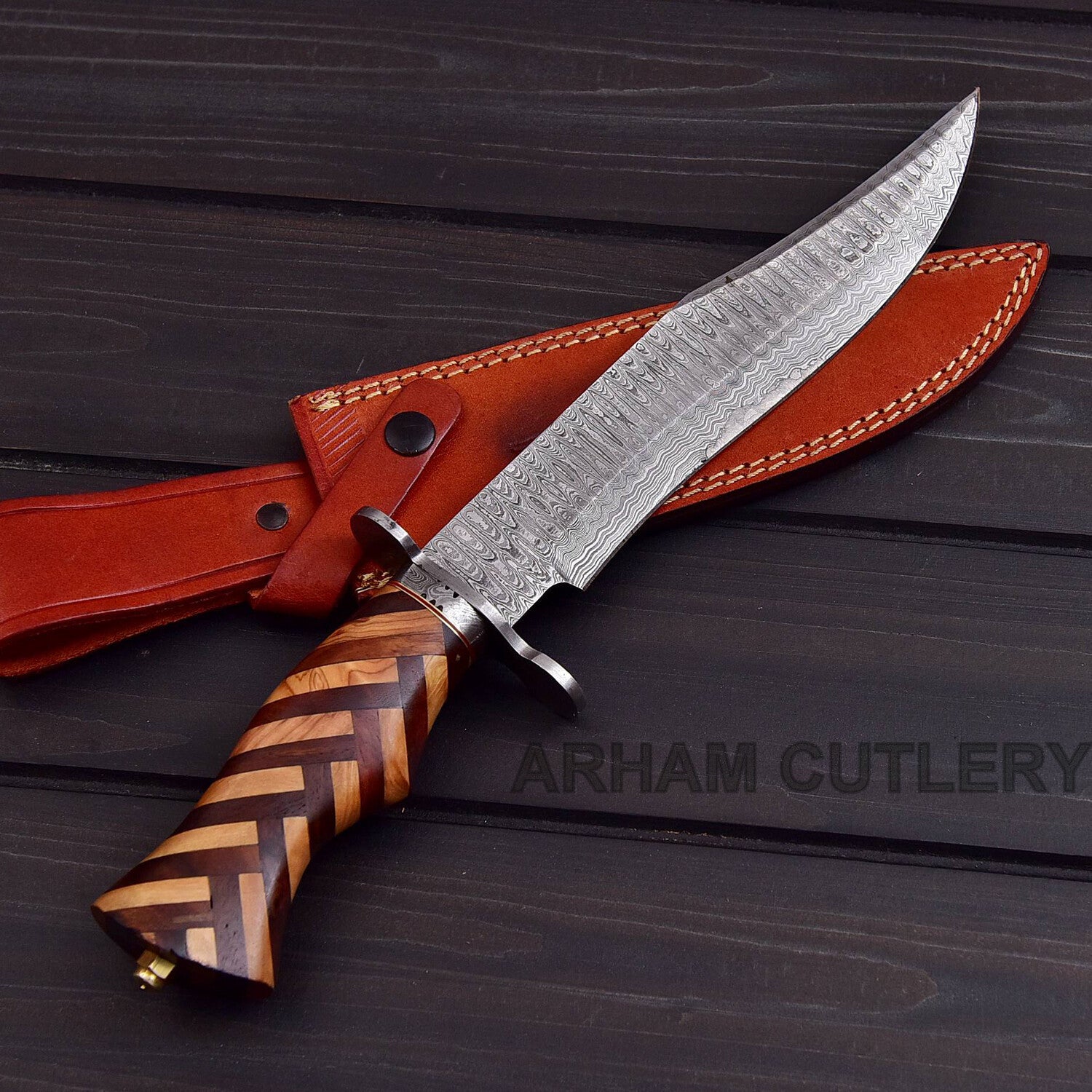 Custom Handmade Damascus Steel Hunting Knife With Leather Sheath Arham Cutlery