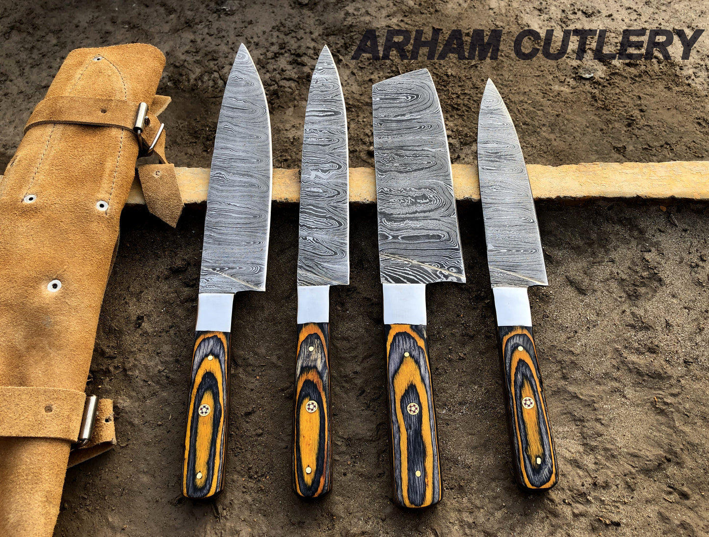 Handmade Damascus Steel Kitchen Knife Set of 4 Pcs With Leather Roll Kit , Arham Cutlery