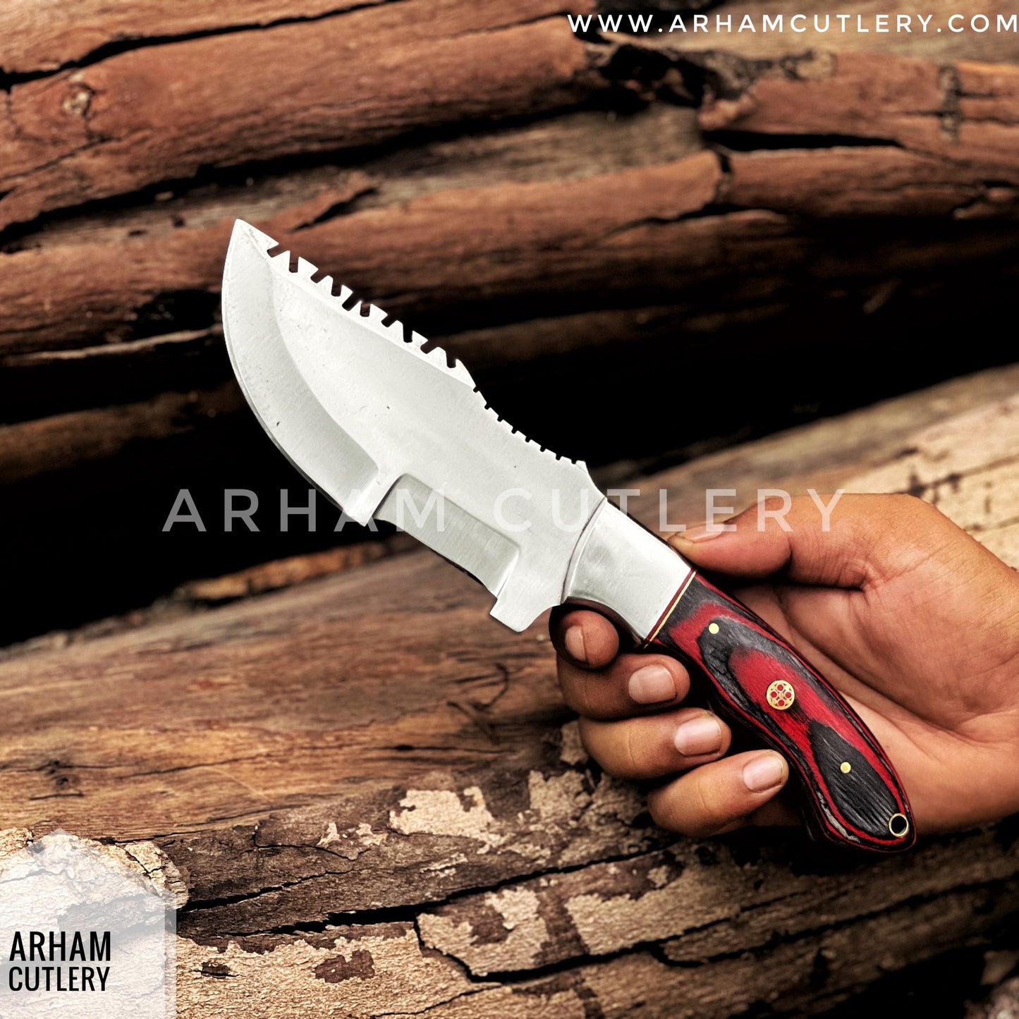 Handcrafted D2 Steel Tracker Knife - Pakkah Wood Handle & Leather Sheath