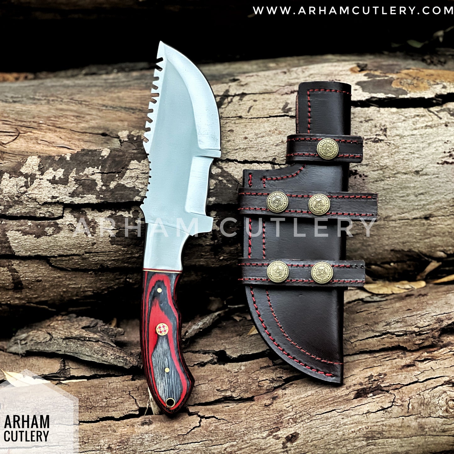 Handcrafted D2 Steel Tracker Knife - Pakkah Wood Handle & Leather Sheath