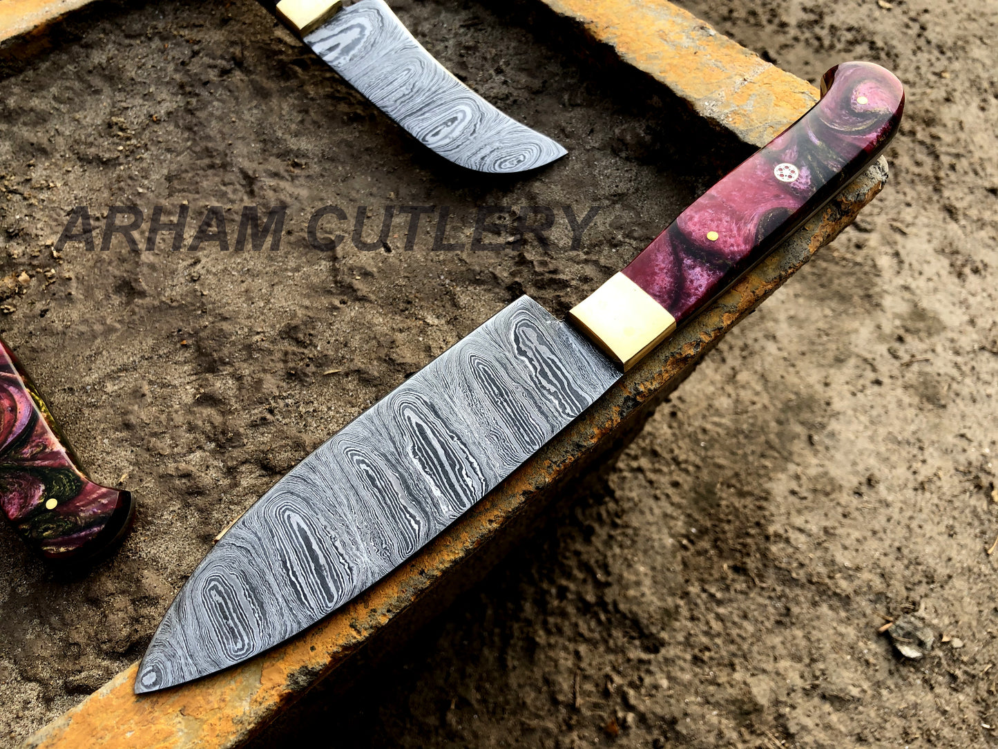 Damascus Steel Kitchen Knife Set , Resin Mold 5 PCS Hand Forged Chef Set With Leather Roll Kit , Arham Cutlery