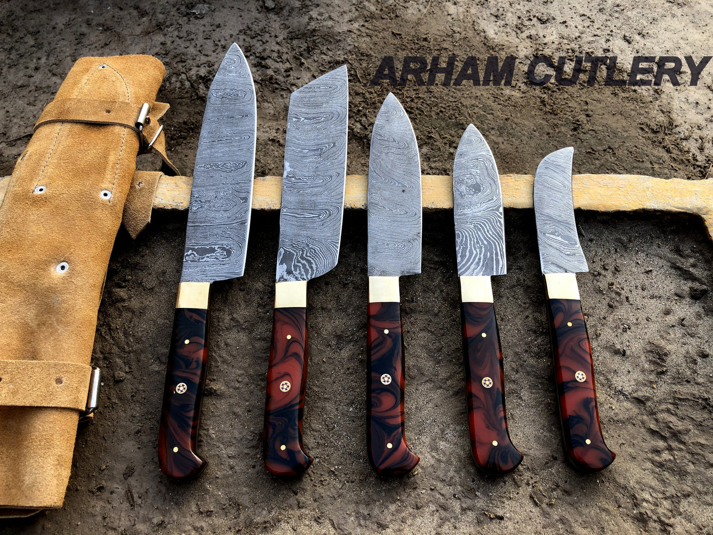Handmade Damascus Steel Kitchen Knife Set of 5 With Leather Roll Kit , Best Outdoor Set , Arham Cutlery