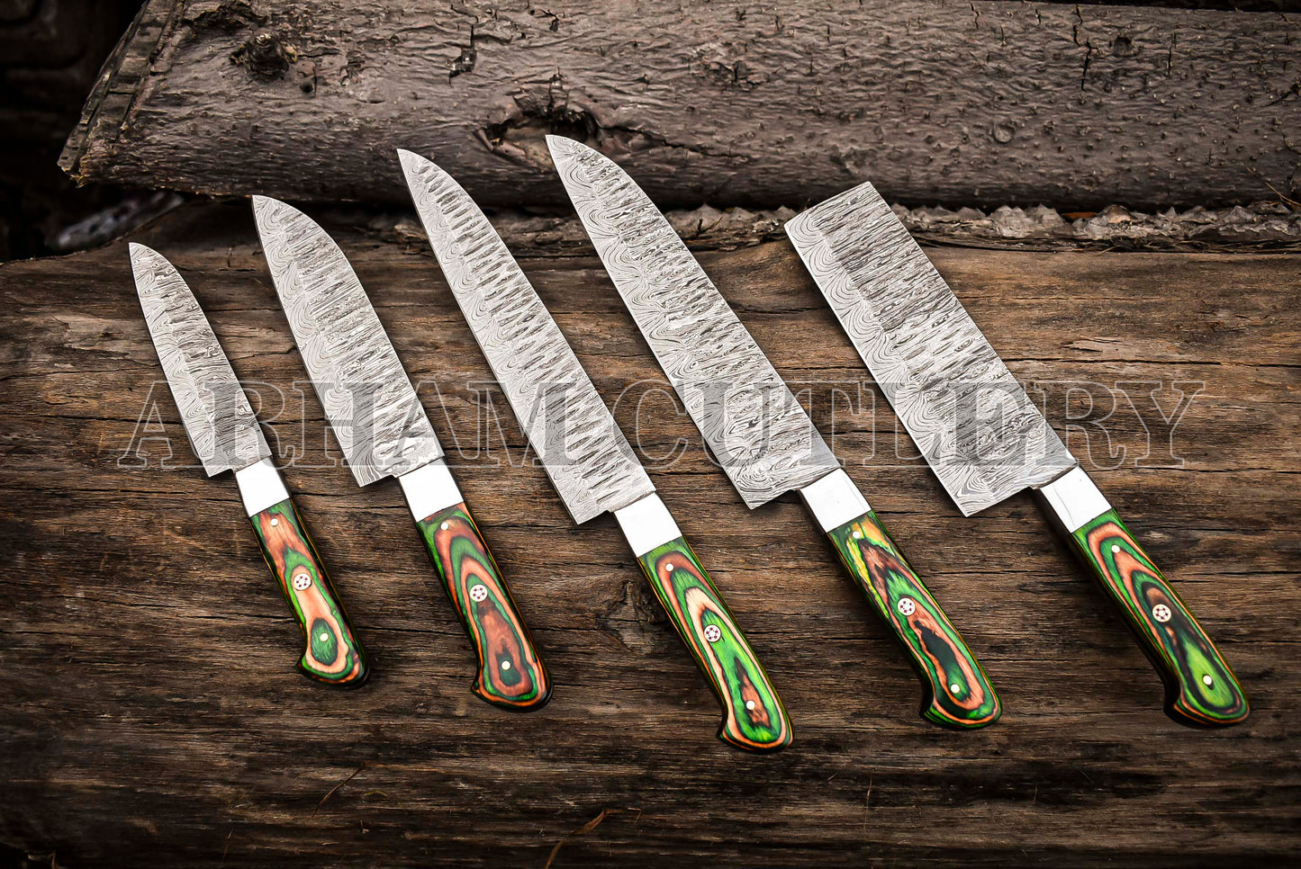 Custom Made Damascus Steel Kitchen Knife Set With Leather Roll Kit