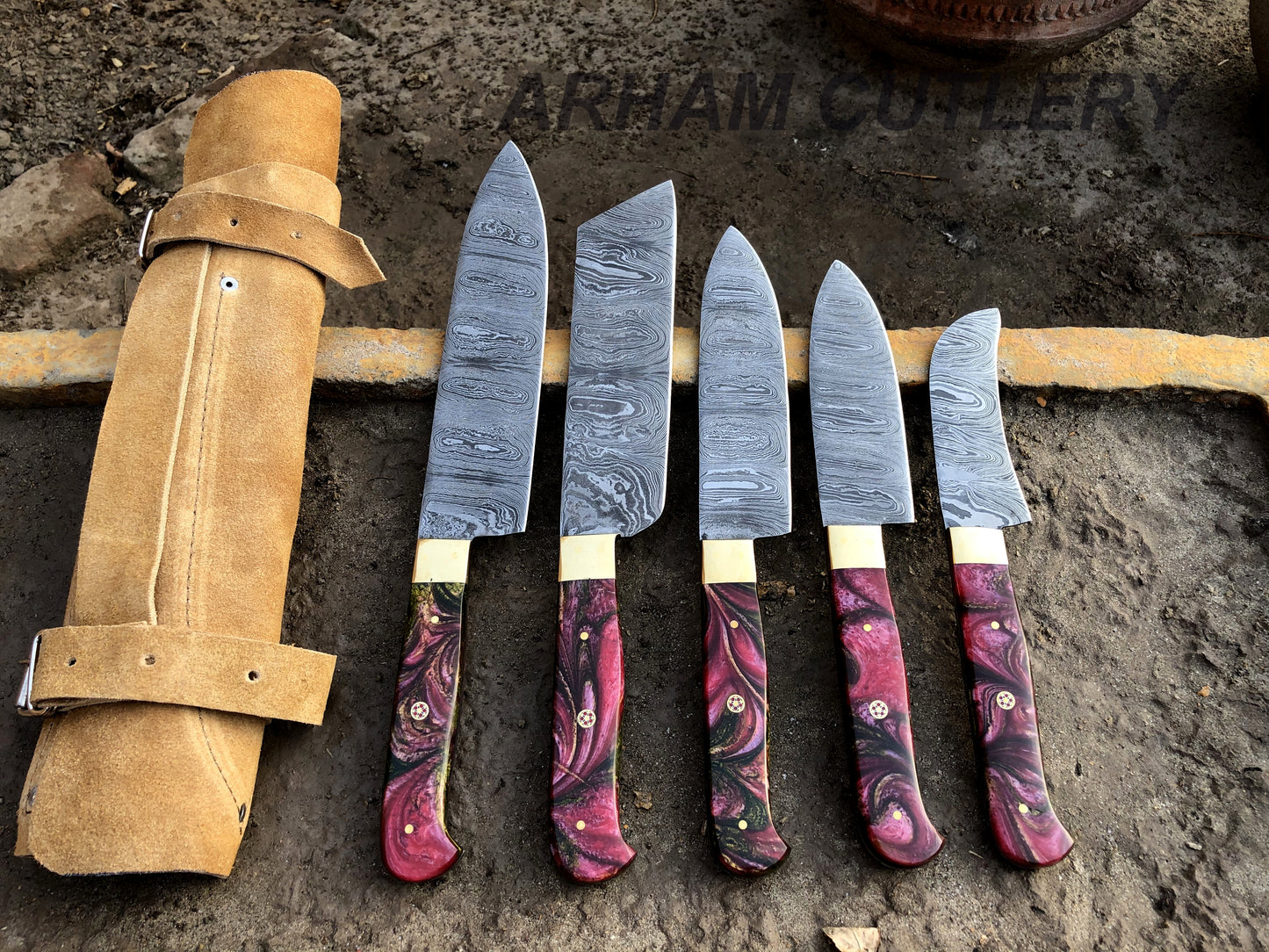 Damascus Steel Kitchen Knife Set , Resin Mold 5 PCS Hand Forged Chef Set With Leather Roll Kit , Arham Cutlery
