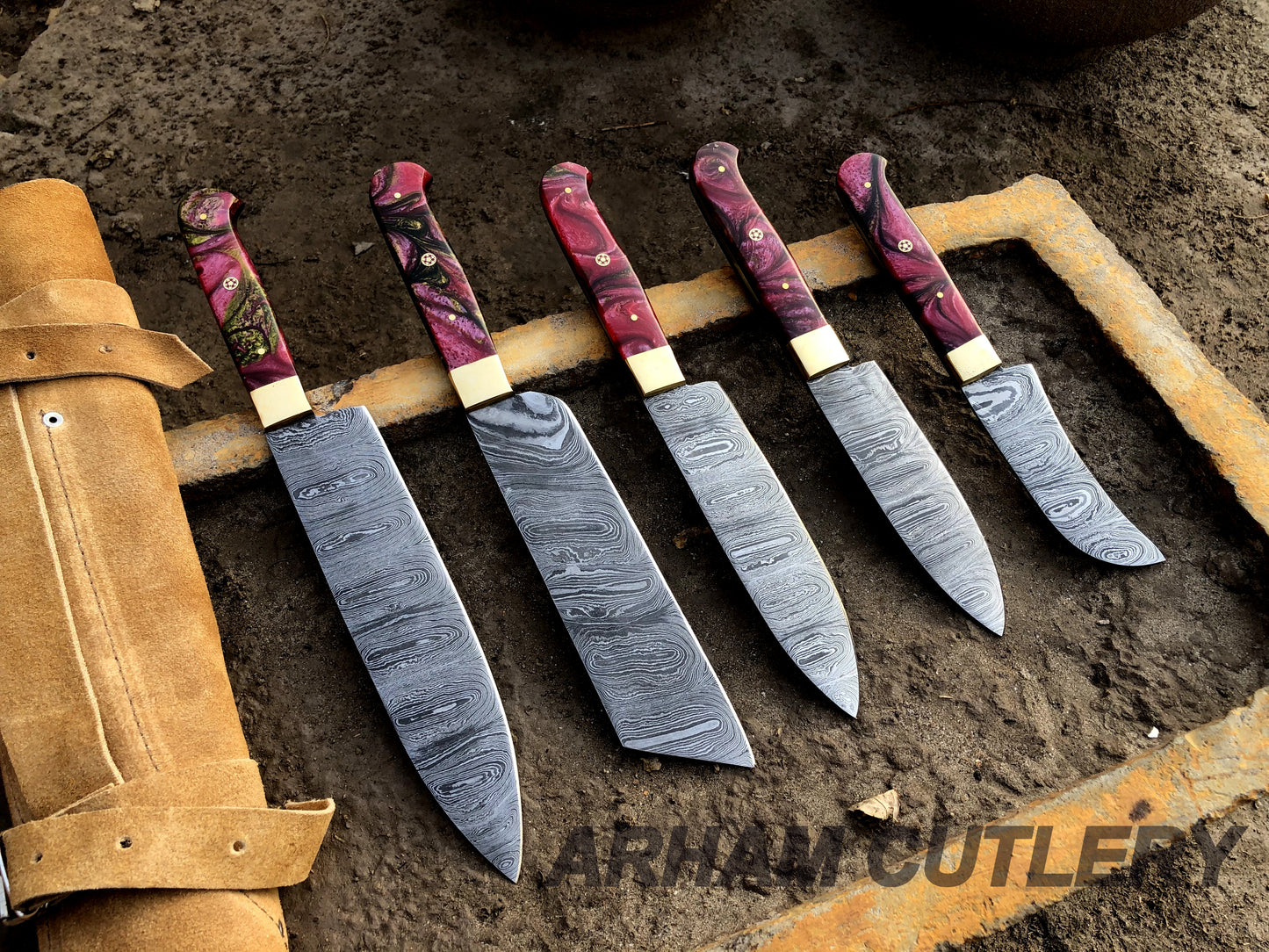 Damascus Steel Kitchen Knife Set , Resin Mold 5 PCS Hand Forged Chef Set With Leather Roll Kit , Arham Cutlery