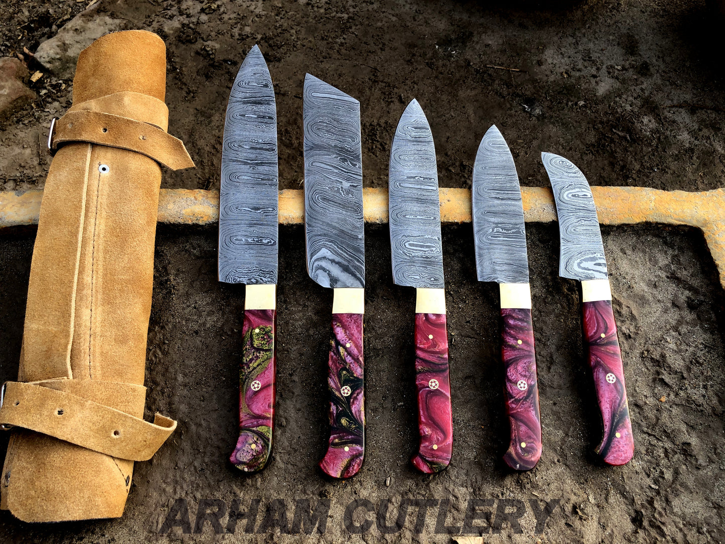 Damascus Steel Kitchen Knife Set , Resin Mold 5 PCS Hand Forged Chef Set With Leather Roll Kit , Arham Cutlery