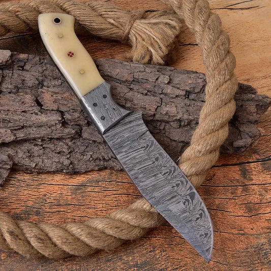 Custom Handmade Hunting Knife with Full Tang Damascus Steel Blade and Bone Handle - 9 Inches - Arham Cutlery
