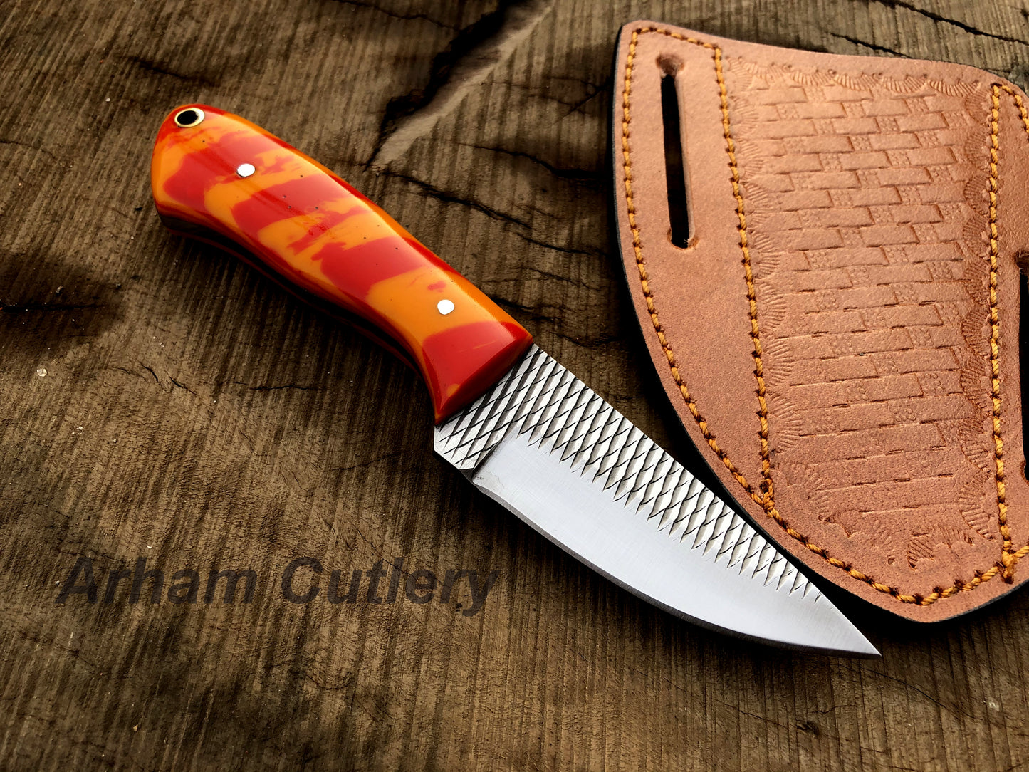 Custom Hand Forged Ferrier Rasp File Skinning Knife With Cross Draw Leather Sheath , Arham Cutlery
