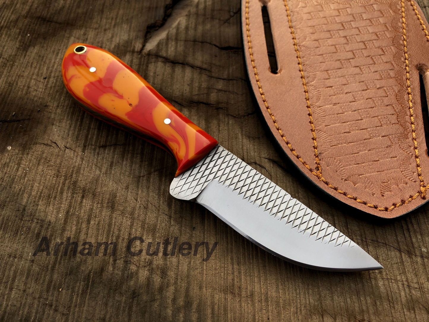 Custom Made Ferrier Rasp File Skinning Knife With Cross Draw Leather Sheath , Arham Cutlery