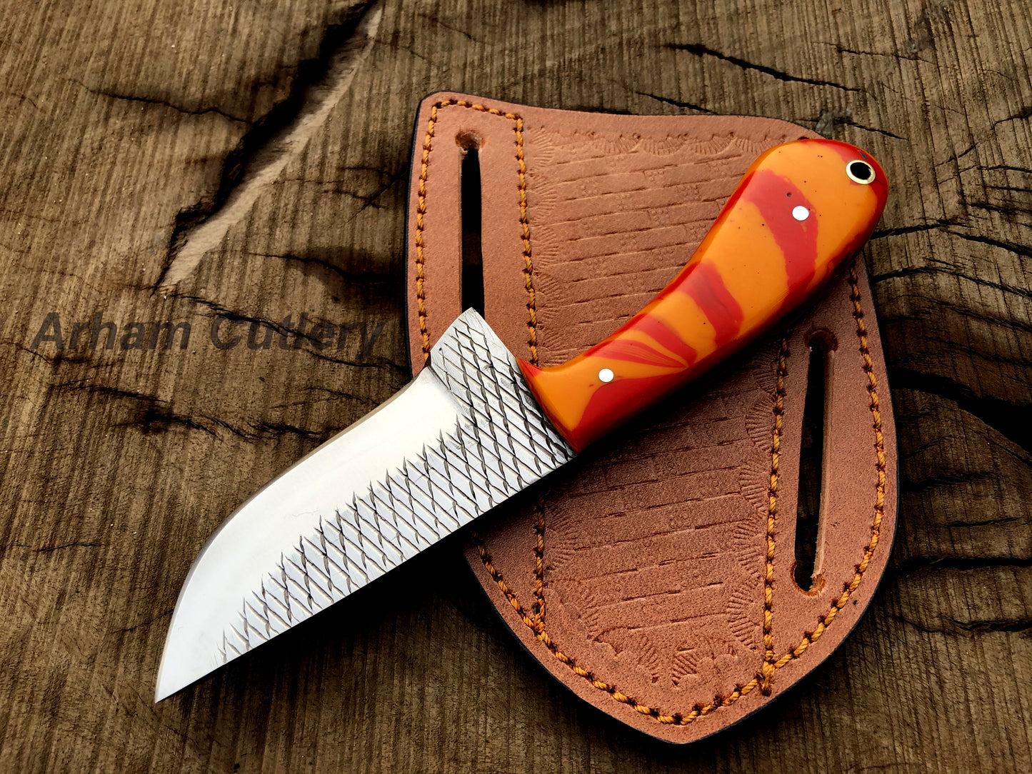 Handmade Ferrier Rasp File Skinning Knife With Cross Draw Leather Sheath , Arham Cutlery