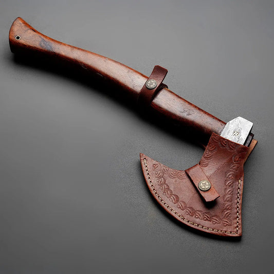 Handforged Damascus Steel Axe With Leather Sheath Arham Cutlery