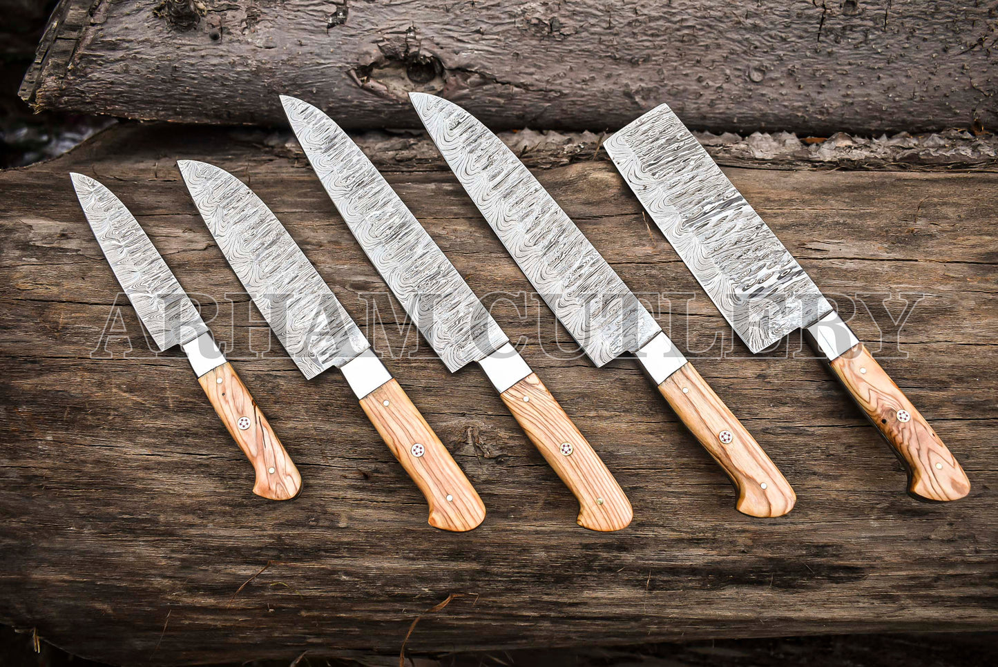 Handmade Kitchen Knife Set , Damascus Steel 5 PCS Hand Forged Chef Knife Set With Leather Roll Kit