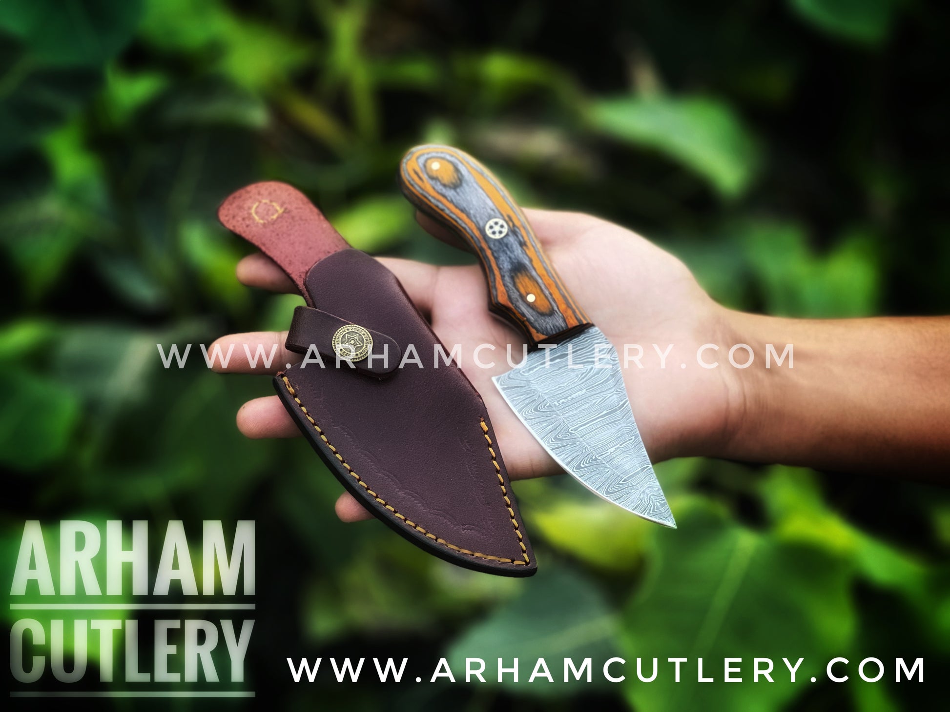 Custom Handmade Damascus Steel Fixed Blade With Leather Sheath Skinning Knife Arham Cutlery