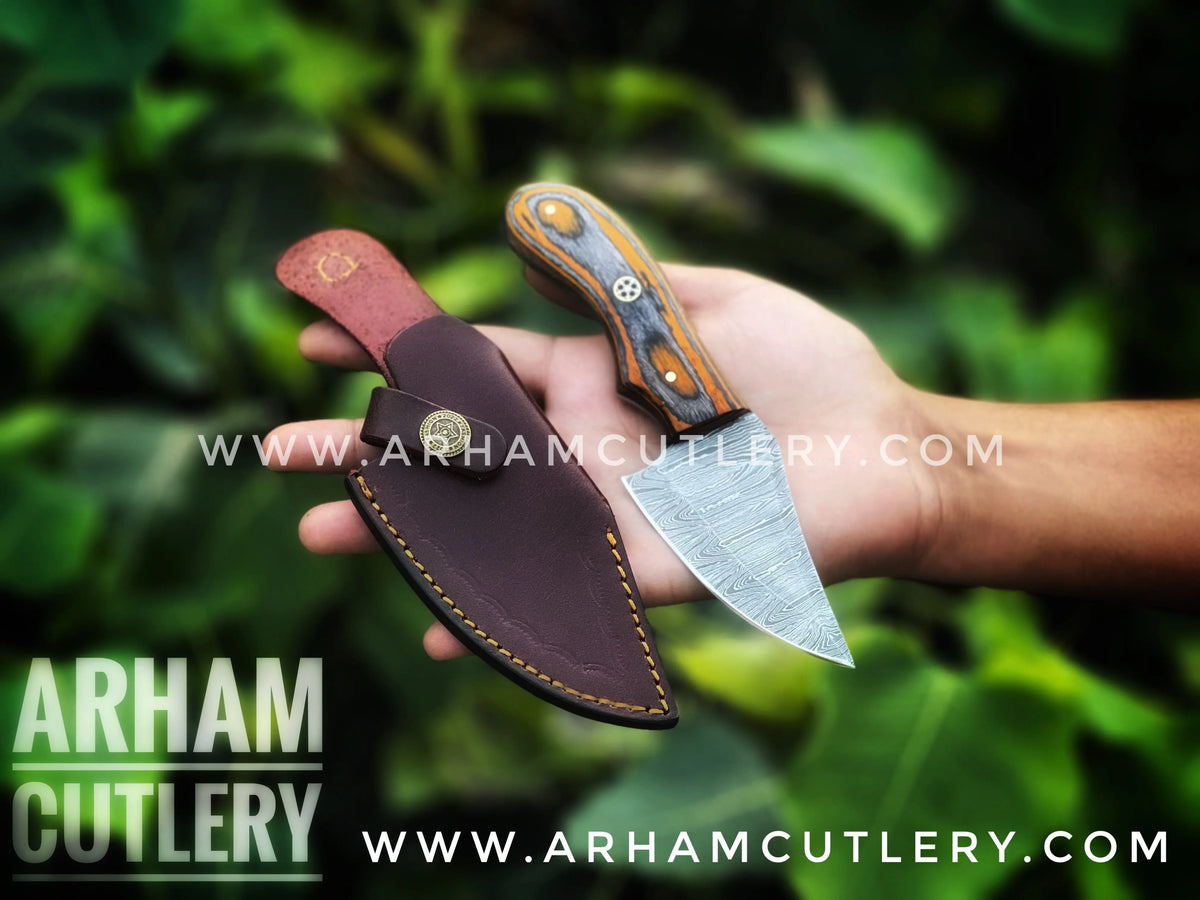 Custom Handmade Damascus Steel Fixed Blade With Leather Sheath Skinning Knife Arham Cutlery