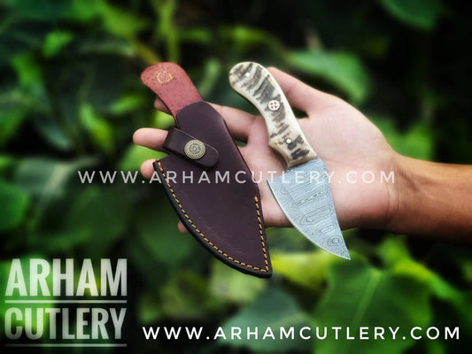 Custom Handmade Damascus Steel Fixed Blade Skinning Knife With Ram Horn Arham Cutlery