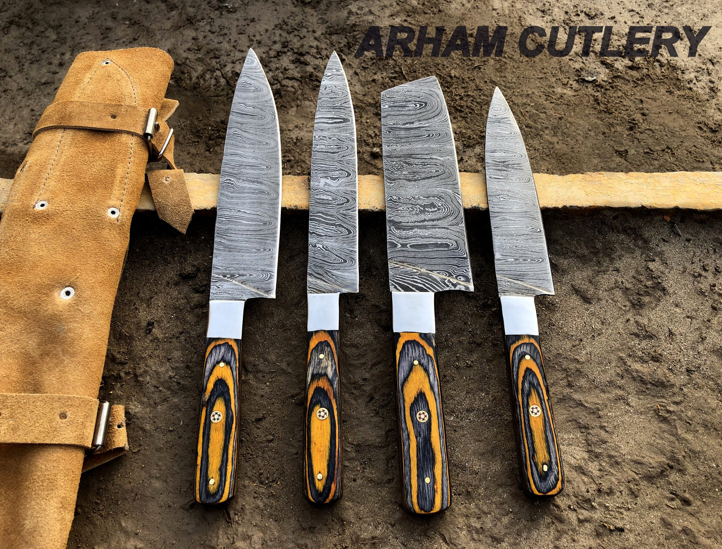 Handmade Damascus Steel Kitchen Knife Set of 4 Pcs With Leather Roll Kit , Arham Cutlery