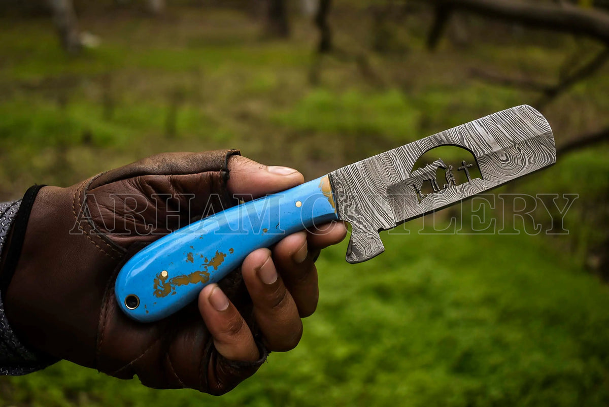 Cow Boy Knife Bull Cutter Knife EDC Praying Cowboy Knife Damascus Steel - Arham Cutlery