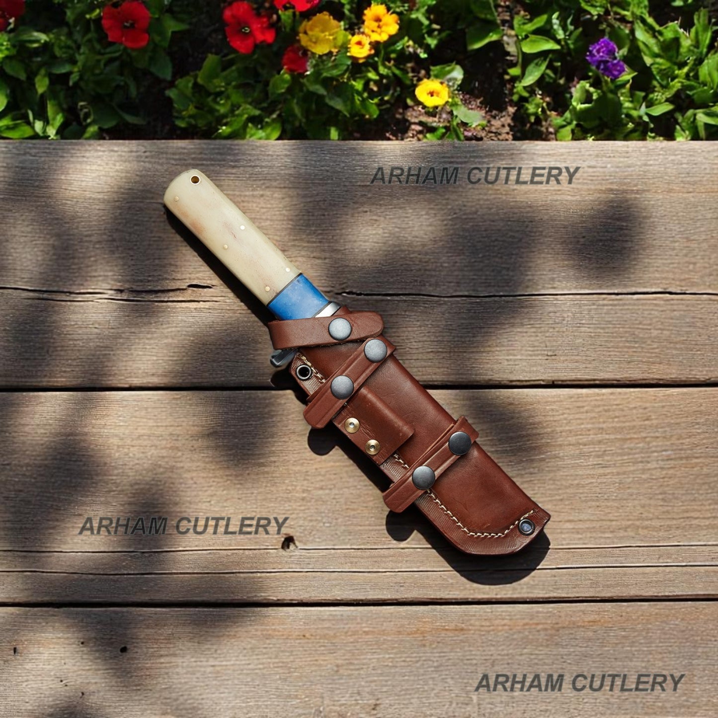 D2 Stainless Steel Blue Lapis Bone Combat Tanto Knife With Leather Sheath Arham Cutlery