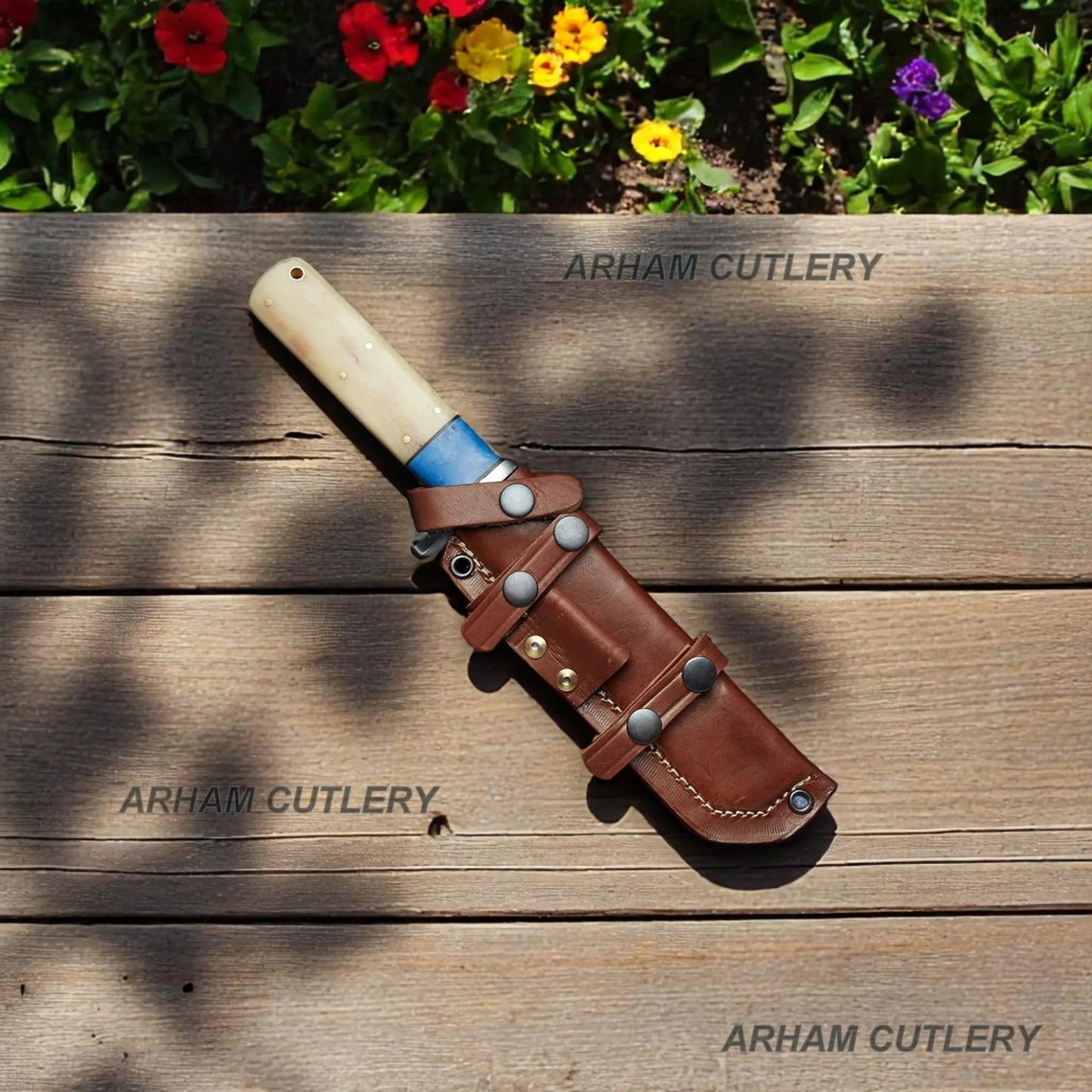 D2 Stainless Steel Blue Lapis Bone Combat Tanto Knife With Leather Sheath Arham Cutlery