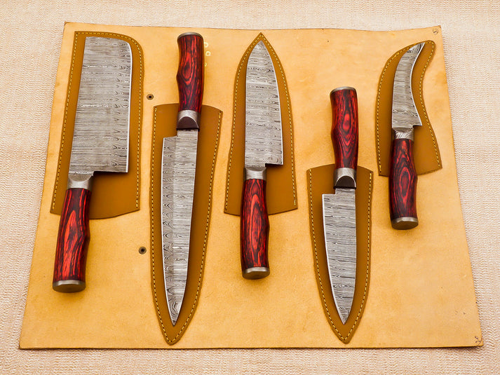 5 Piece Handmade Damascus Chef Knife Set with Red Handle - Chef's Knife, Fillet Knife, Cleaver, Small Chef knife, Paring knife - Arham Cutlery