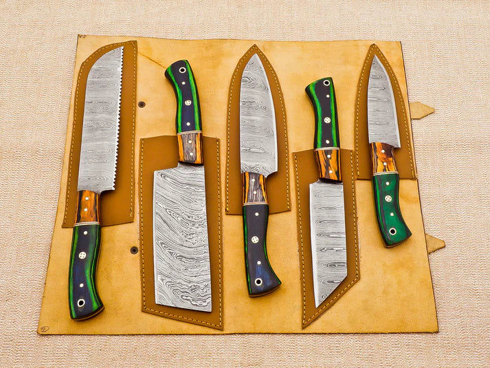5 Piece Handmade Damascus Chef Knife Set - Bread Knife, Chef Knife, Cleaver, Bunka knife, Paring knife - Arham Cutlery