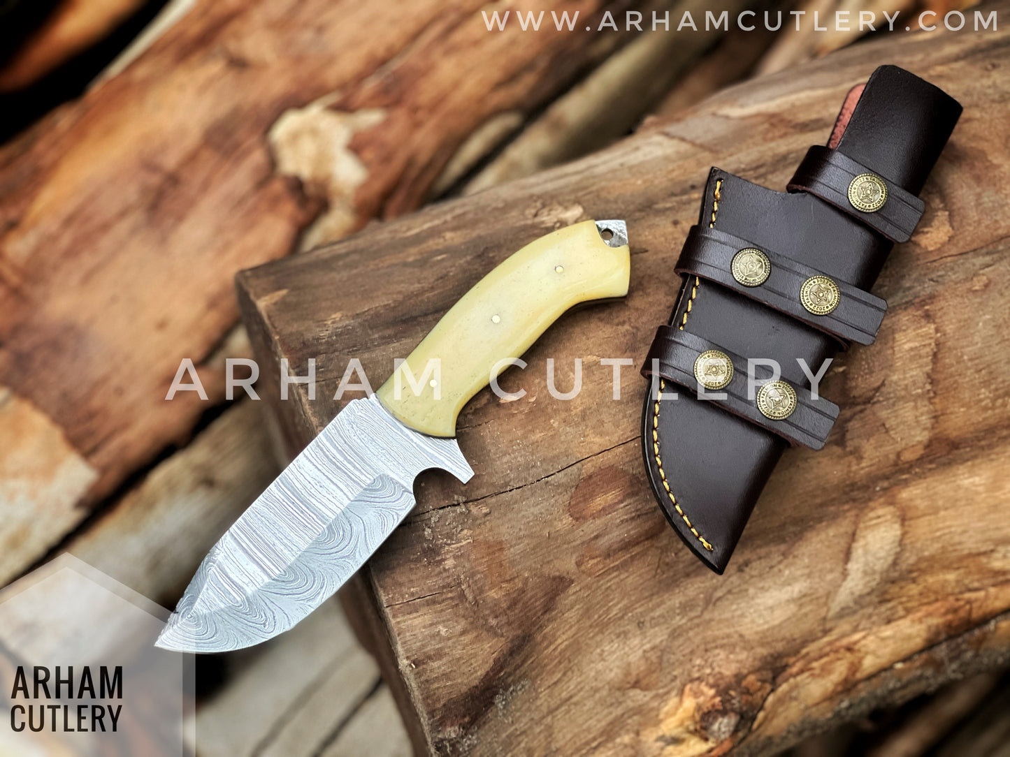 9" Damascus Steel Handmade Hunting Knife With Cowhide Leather Sheath , Arham Cutlery