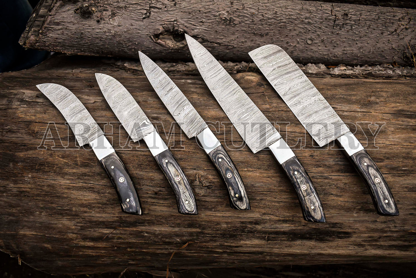 Damascus Steel 5 PCS Hand Forged Chef Knife Set With Leather Roll Kit