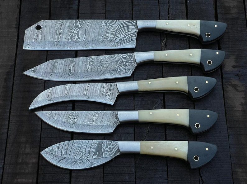 Damascus Blade Kitchen/Chef Knife Set 5 pieces, Unique Hand Forged Kitchen Knives Set , Arham Cutlery