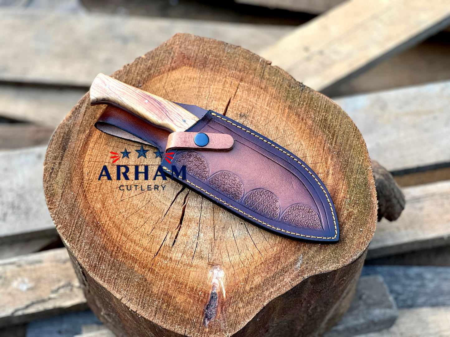 Handmade 11" D2 Steel Hunting Knife – Olive Wood Handle, Etched Blade & Leather Sheath | ARHAM CUTLERY