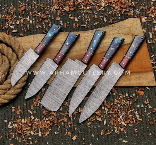Damascus Steel Kitchen Chef Knives Set Of 5pcs, Handmade Chef's Knife Set, Kitchen Knives, Gift For Him, Personalized Gift Christmas Gift | Arham Cutlery Arham Cutlery