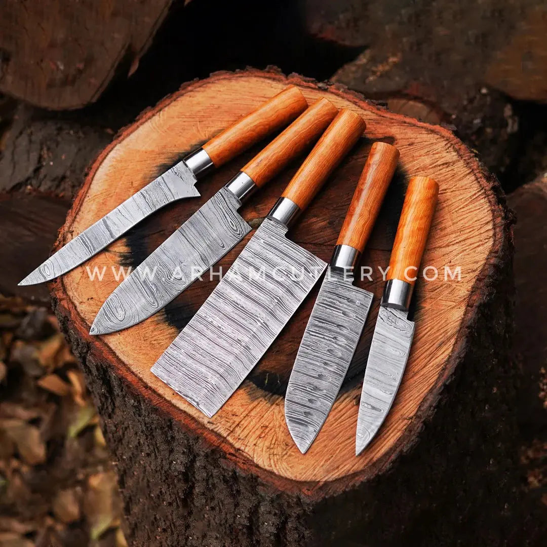 5 Piece Chef Set - Olive Wood Handle & Genuine Leather Role | Arham Cutlery - Arham Cutlery