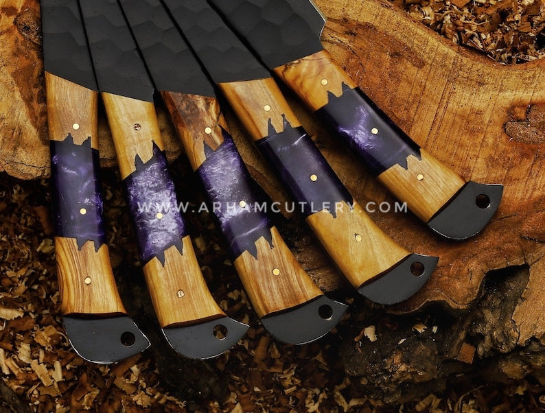 Handmade Knives Set, Kitchen knives set, Chef knives set, Damascus chef set, Steel knife set with leather Sheath | Arham Cutlery Arham Cutlery