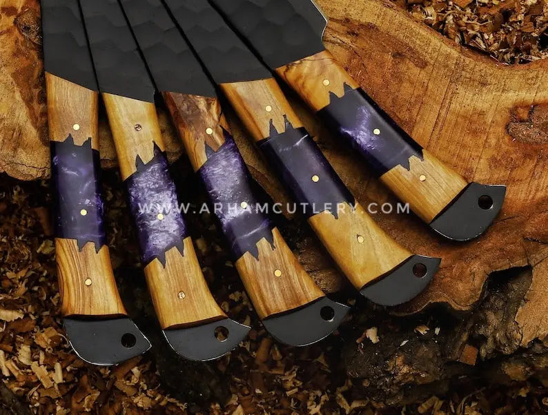 Handmade Knives Set, Kitchen knives set, Chef knives set, Damascus chef set, Steel knife set with leather Sheath | Arham Cutlery Arham Cutlery