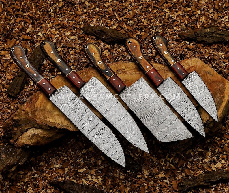Damascus steel kitchen chef knives set of 5pcs, Handmade chef's knife set, Kitchen knife with leather sheath, Gift For Him, Christmas Gift | Arham Cutlery Arham Cutlery