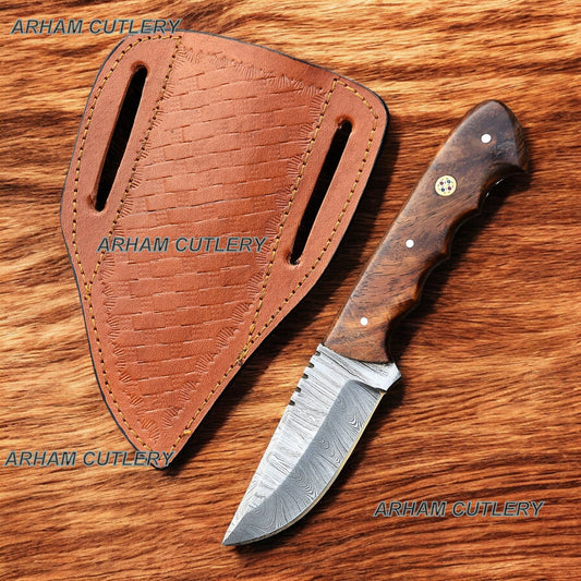 Damascus Steel Handmade 7" Skinning Knife With Cow Hide Leather Sheath