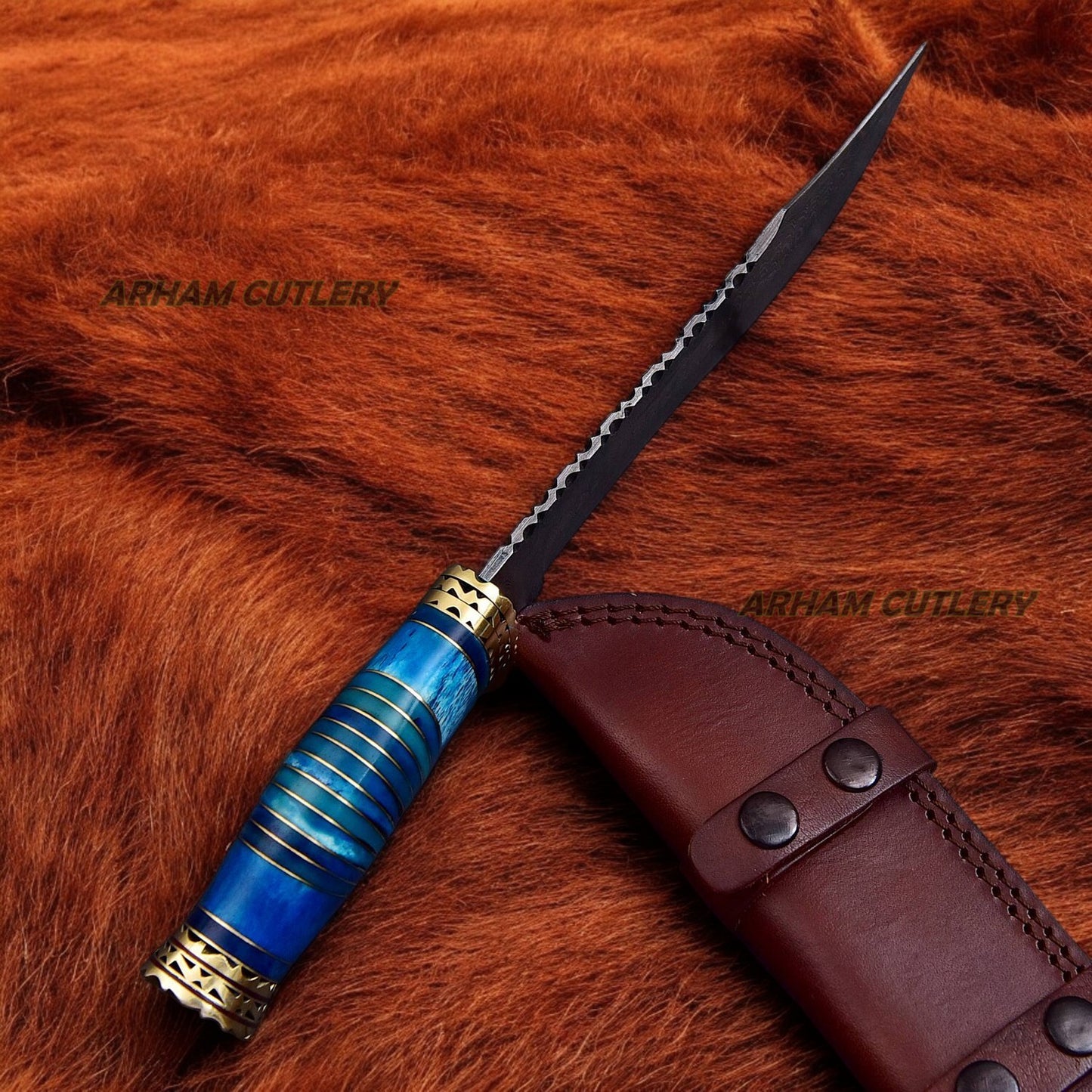 Hand Forged Damascus Steel Blue Caterpillar Bowie Knife With Leather Sheath