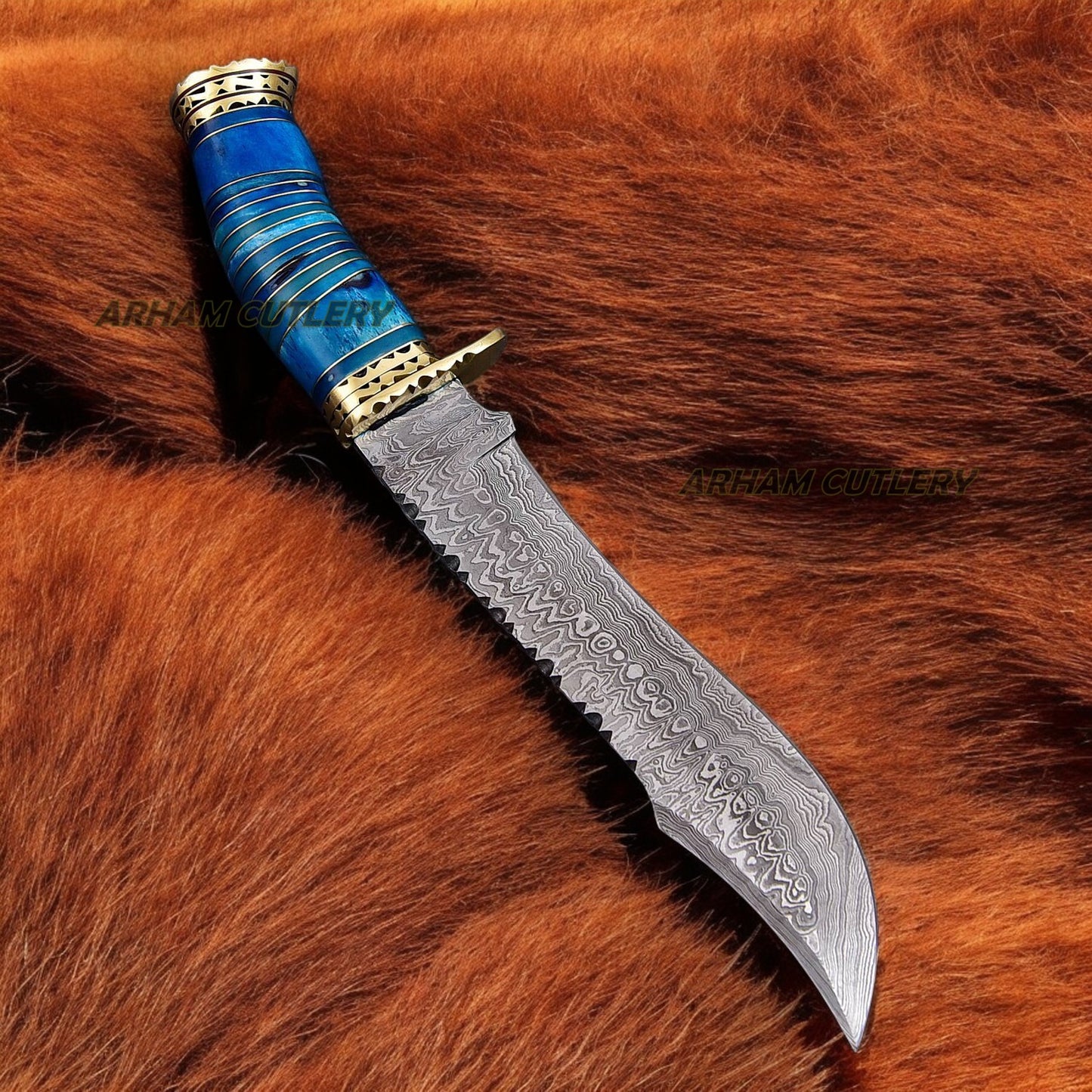 Hand Forged Damascus Steel Blue Caterpillar Bowie Knife With Leather Sheath