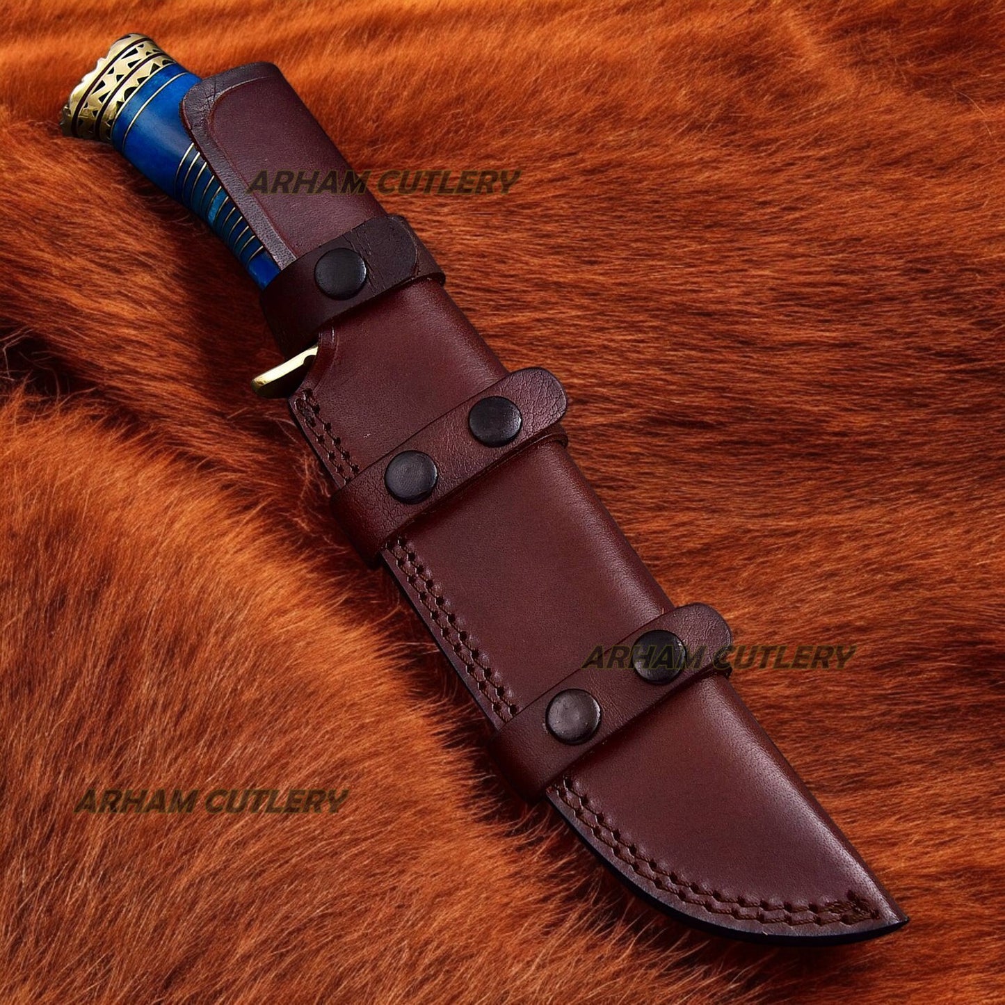 Hand Forged Damascus Steel Blue Caterpillar Bowie Knife With Leather Sheath