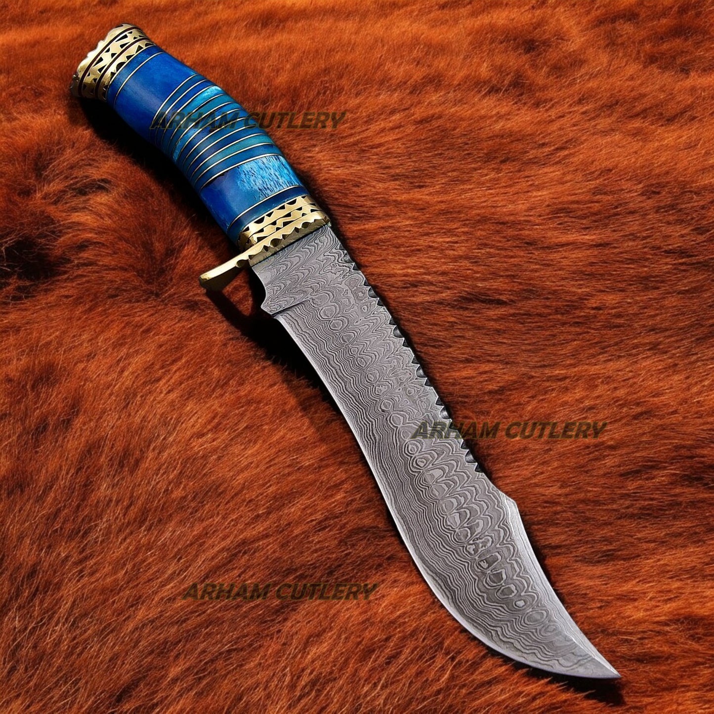 Hand Forged Damascus Steel Blue Caterpillar Bowie Knife With Leather Sheath