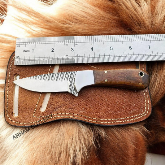 Hand Made Rasp File Knife With Rose Wood Scales and Pan Cake Leather Sheath