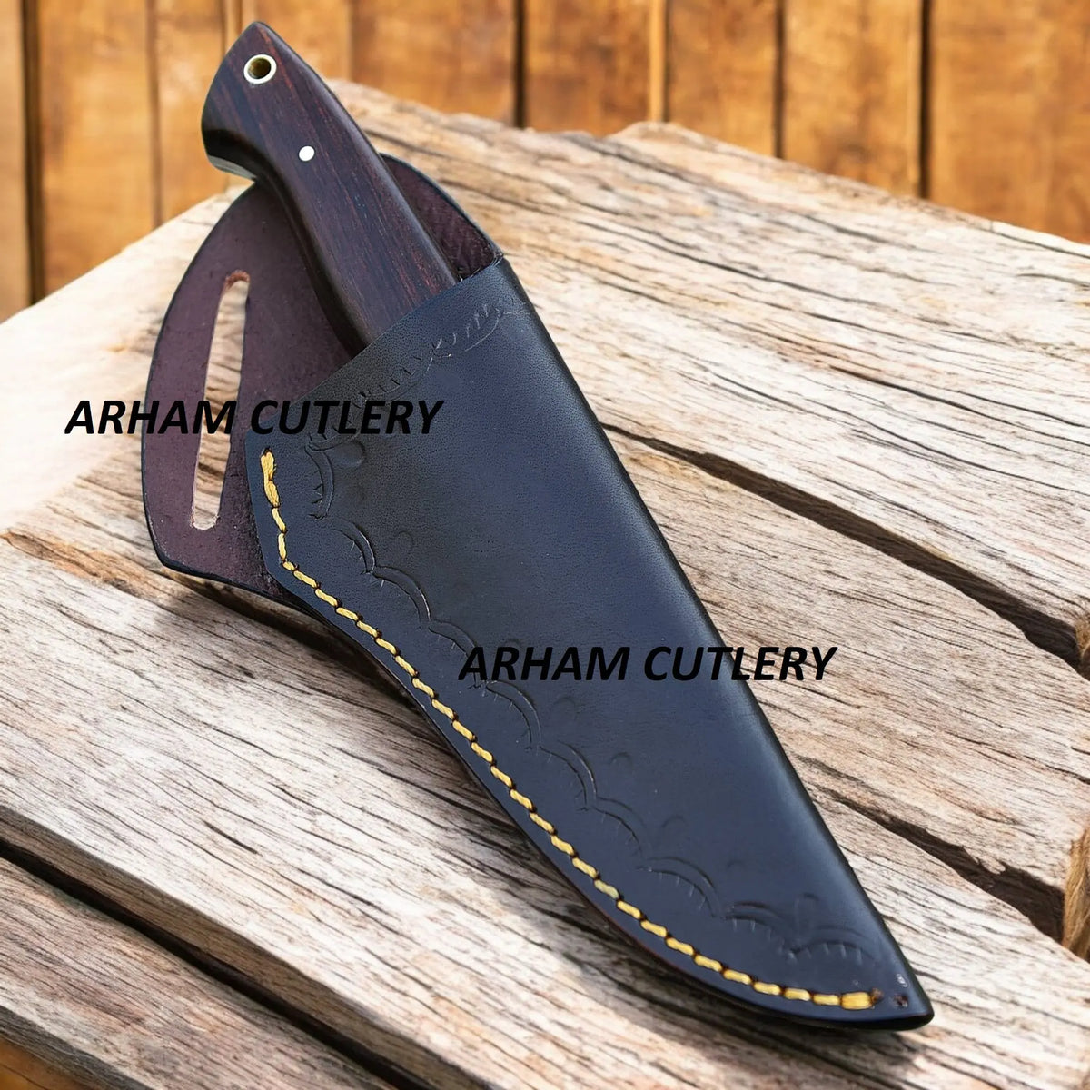 Hand Forged Fixed Blade Knife with Rose Wood Scales and Leather Sheath