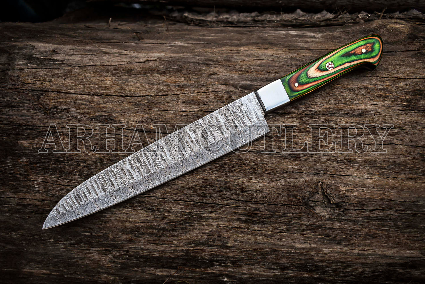 Custom Made Damascus Steel Kitchen Knife Set With Leather Roll Kit