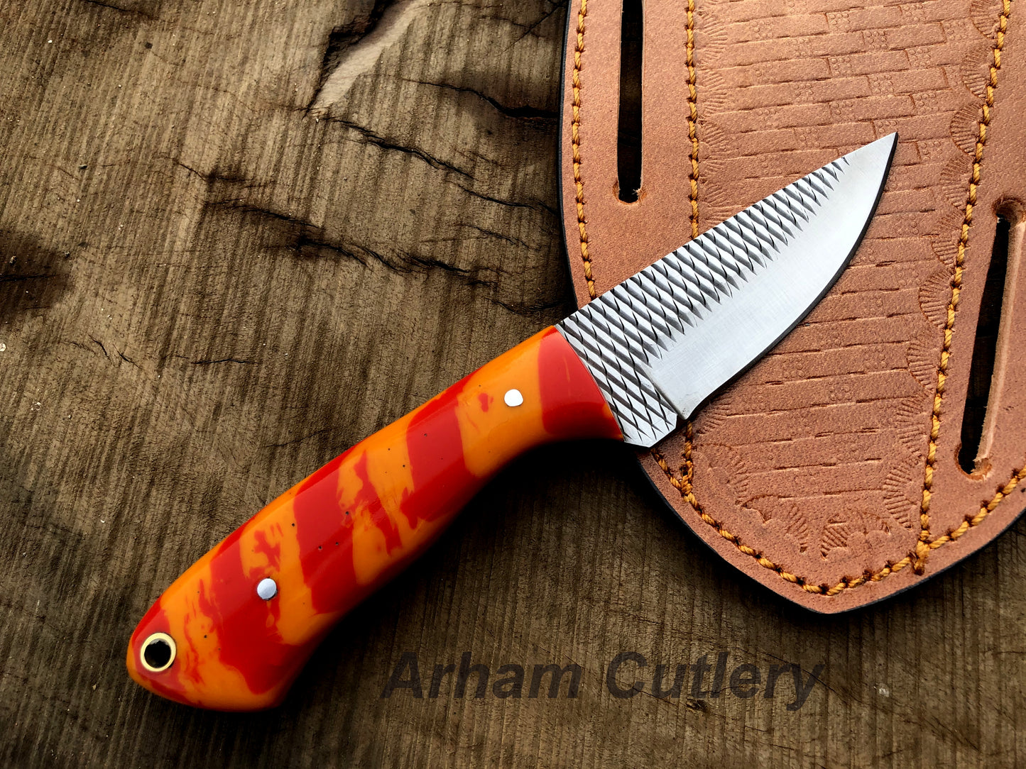 Custom Hand Forged Ferrier Rasp File Skinning Knife With Cross Draw Leather Sheath , Arham Cutlery