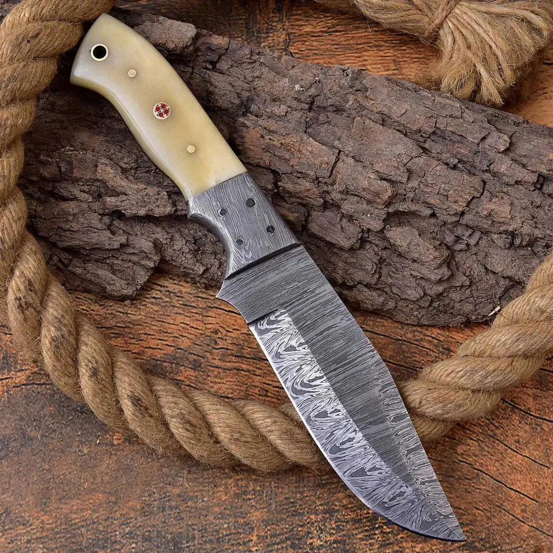 Custom Handmade Hunting Knife with Full Tang Damascus Steel Blade and Bone Handle - 9 Inches - Arham Cutlery