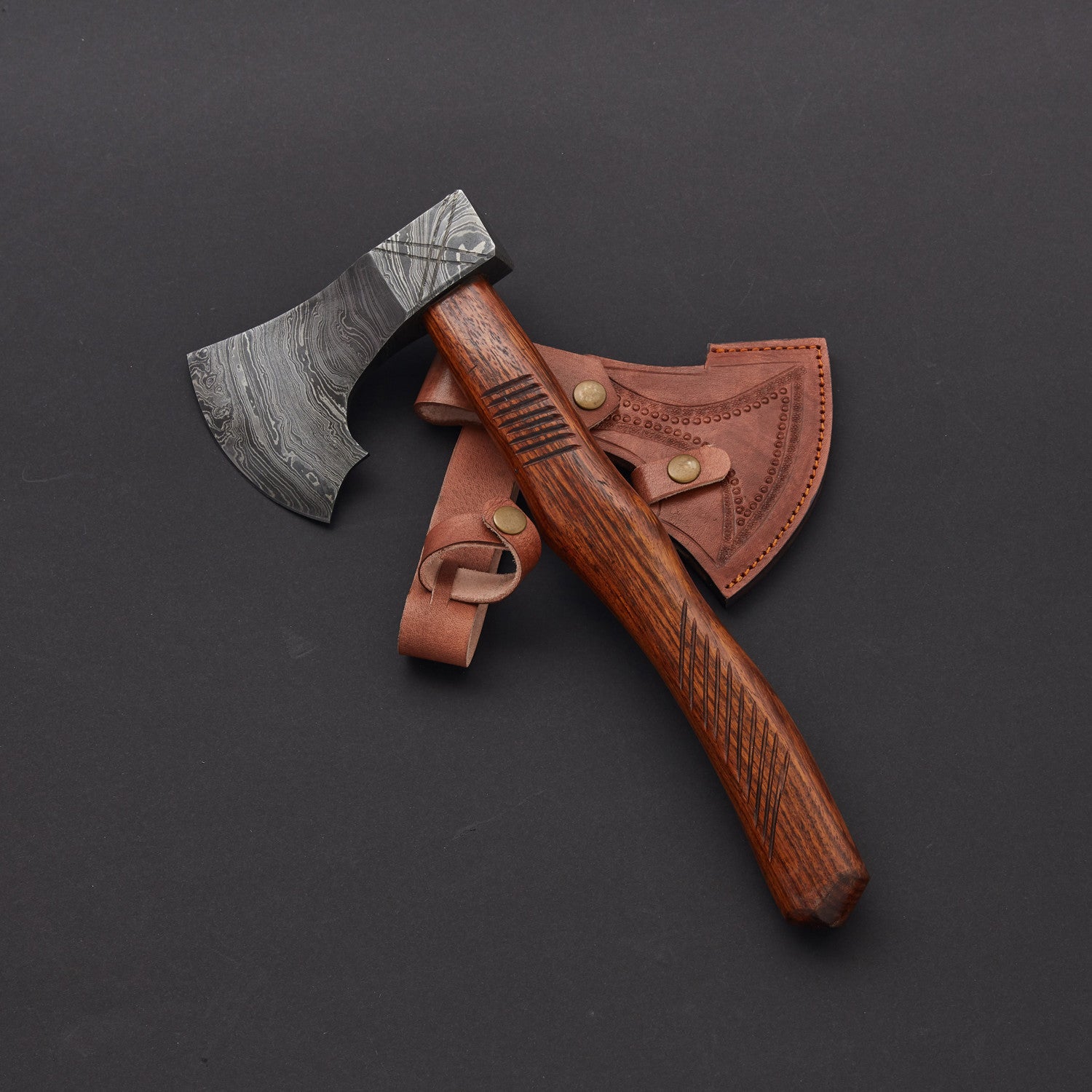 Damascus Steel Axe With Leather Sheath Arham Cutlery